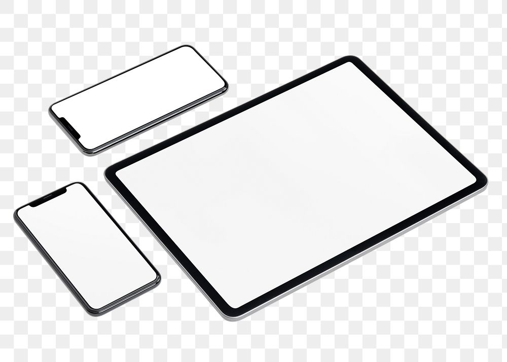 Multi-device screen png, tablet, phone in flat lay on transparent background