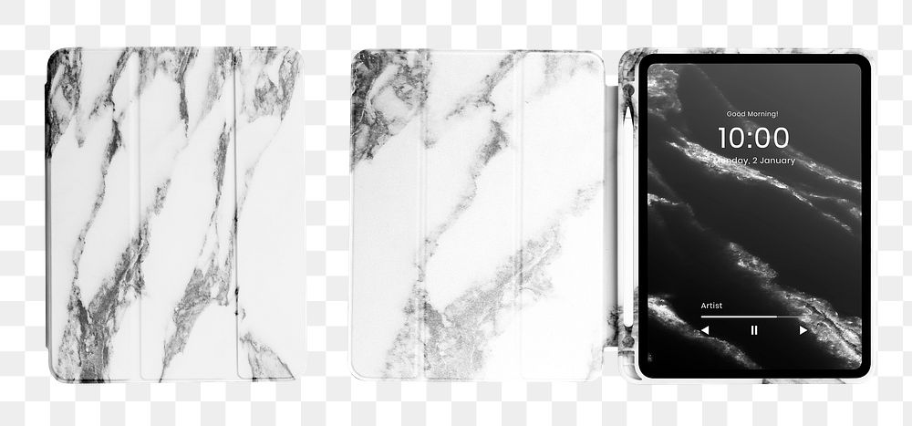 Png tablet case mockup in black and white marble