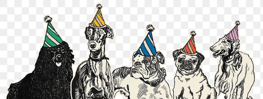 Png cute dogs border in birthday cone hats vintage illustration, remixed from artworks by Moriz Jung