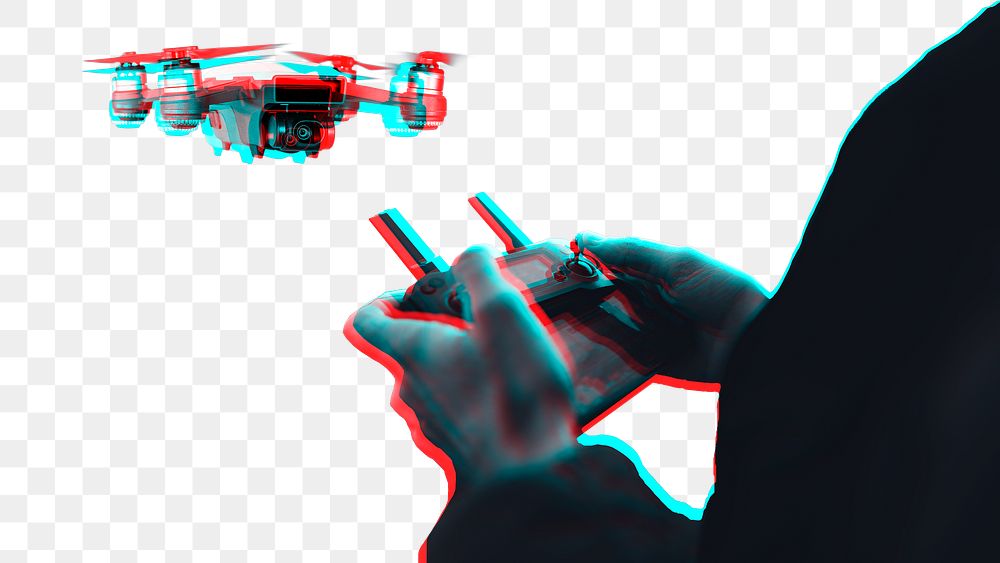Man controlling a drone png by a remote control  in glitch effect 