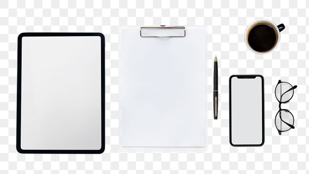Png digital device screen mockup with tablet and phone workspace flat lay