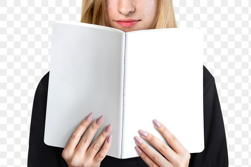 Woman png mockup reading a book on transparent background