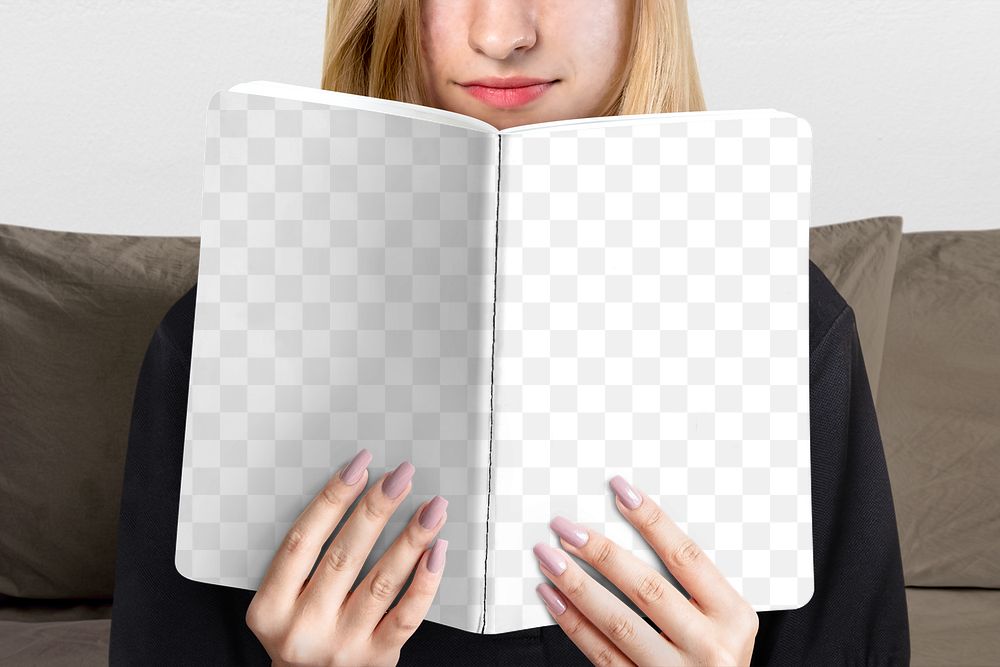 Book png transparent mockup with woman reading