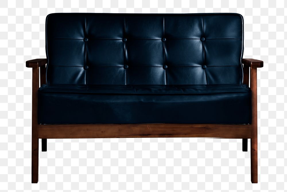 Sofa png mockup in black leather fabric on transparent background
