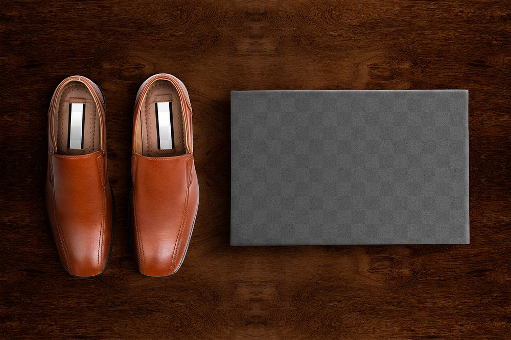 Shoe box png mockup on wooden background formal apparel