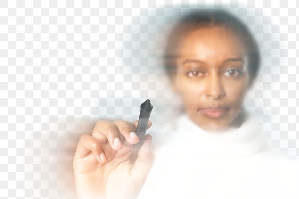Woman png writing on virtual screen with double exposure effect