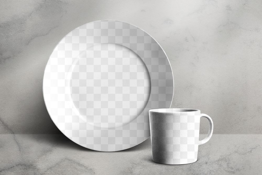 Mug transparent mockup png and plate set in minimal style