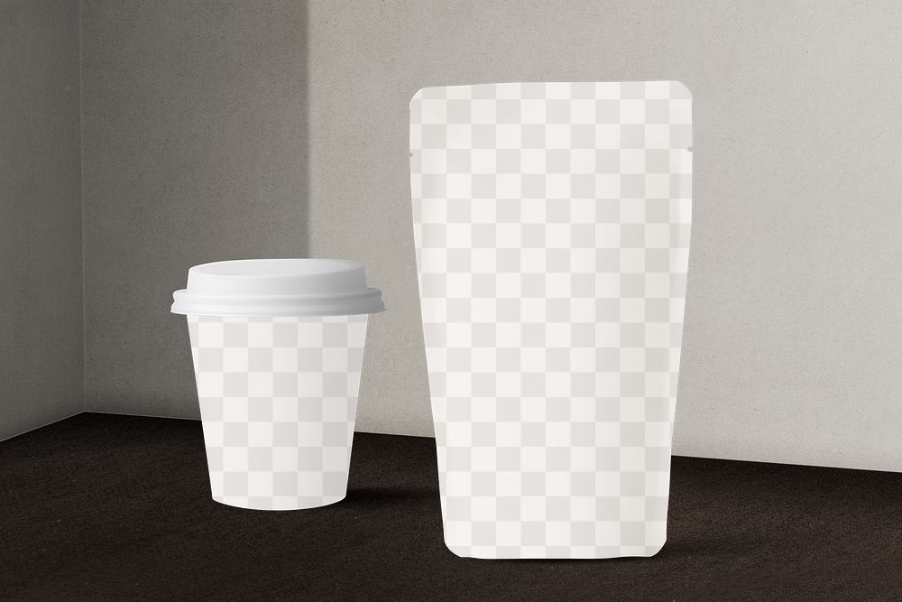 Food packaging mockup png with paper cup and pouch