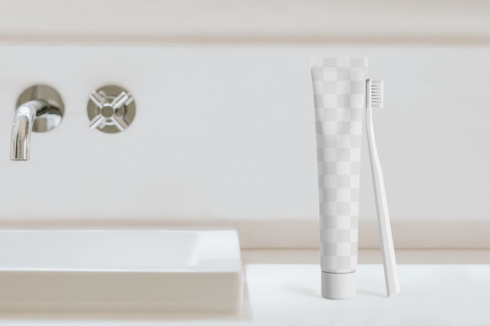 Toothbrush and toothpaste mockup png in bathroom
