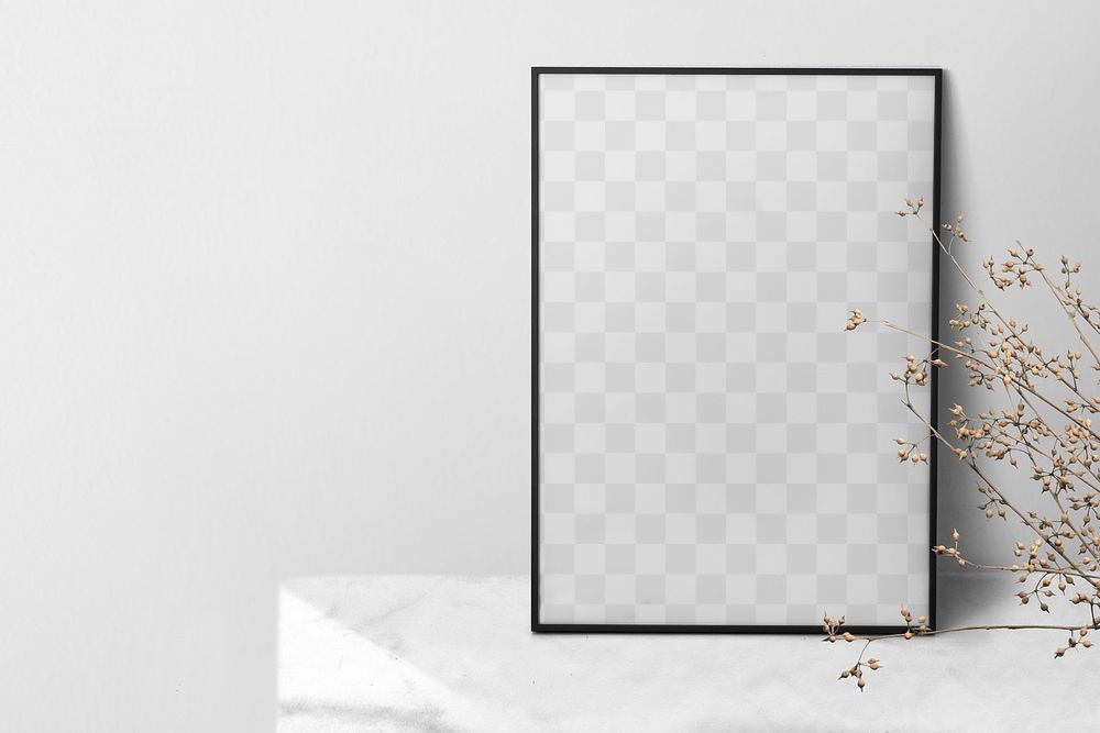 Picture frame mockup png leaning against the wall with house plant