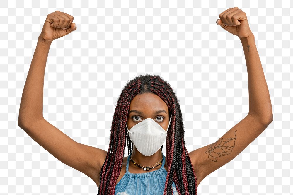 Black woman wearing a mask and raising her hands up in the air transparent png