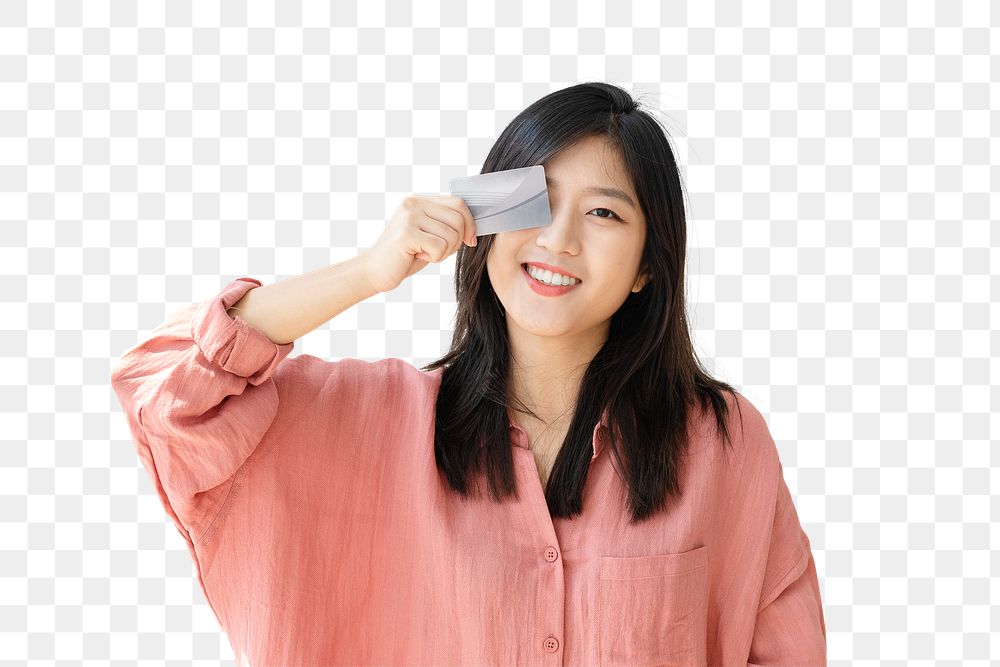 Happy Asian woman png with a credit card