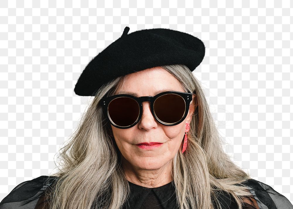 Fashionable senior woman png transparent, wearing sunglasses face portrait