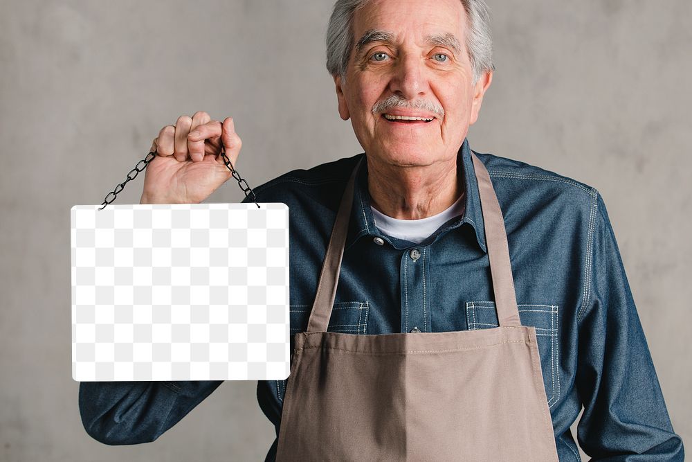 Senior man holding shop sign plate mockup