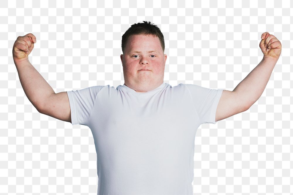Proud boy with down syndrome flexing his arms 