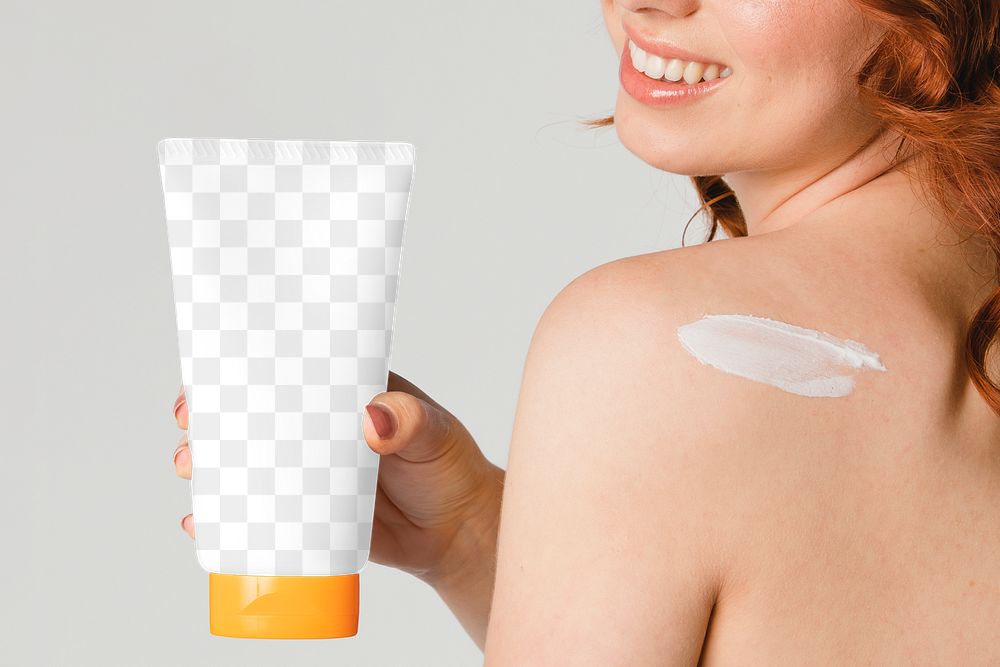 Cheerful woman holding a cream tube container mockup 