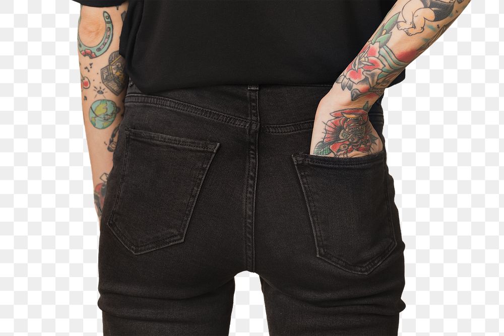 Tattooed model in black t shirt and jeans transparent png