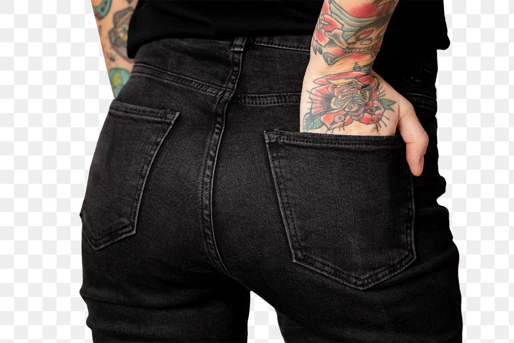 Model with tattoo in black T shirt and jeans transparent png