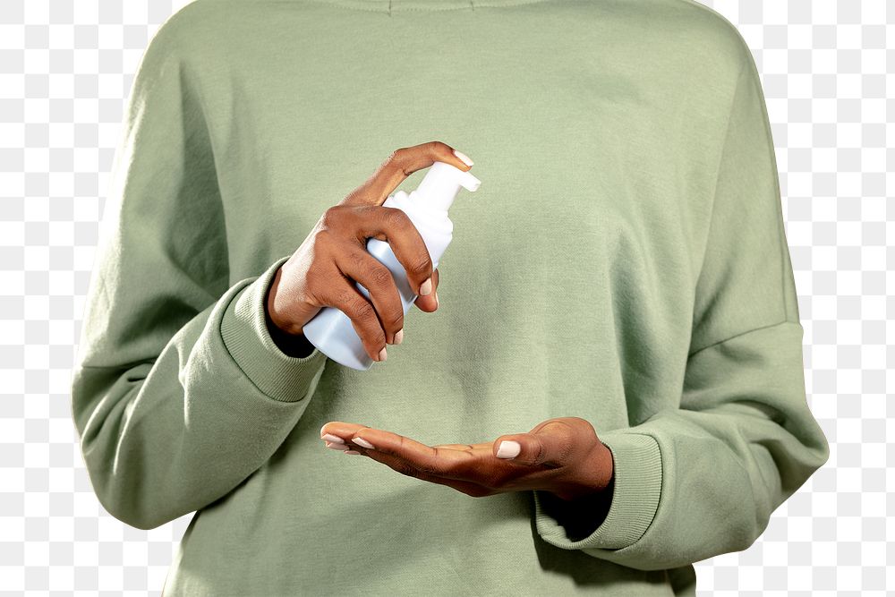 Black woman pressing a white facial cream bottle transparent png