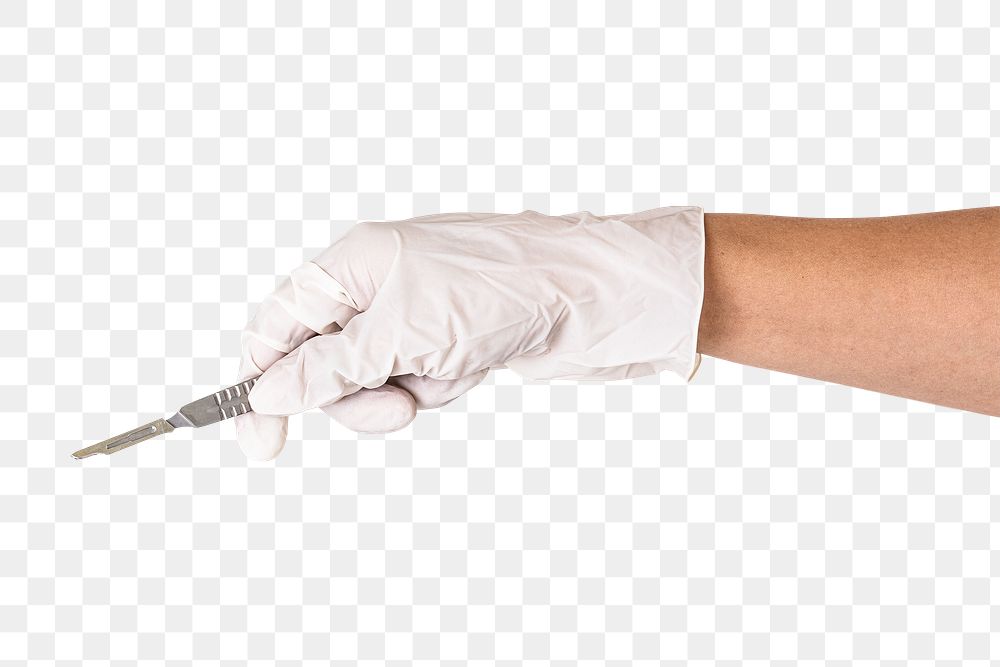 Doctor's hand in a white glove holding a scalpel transparent png