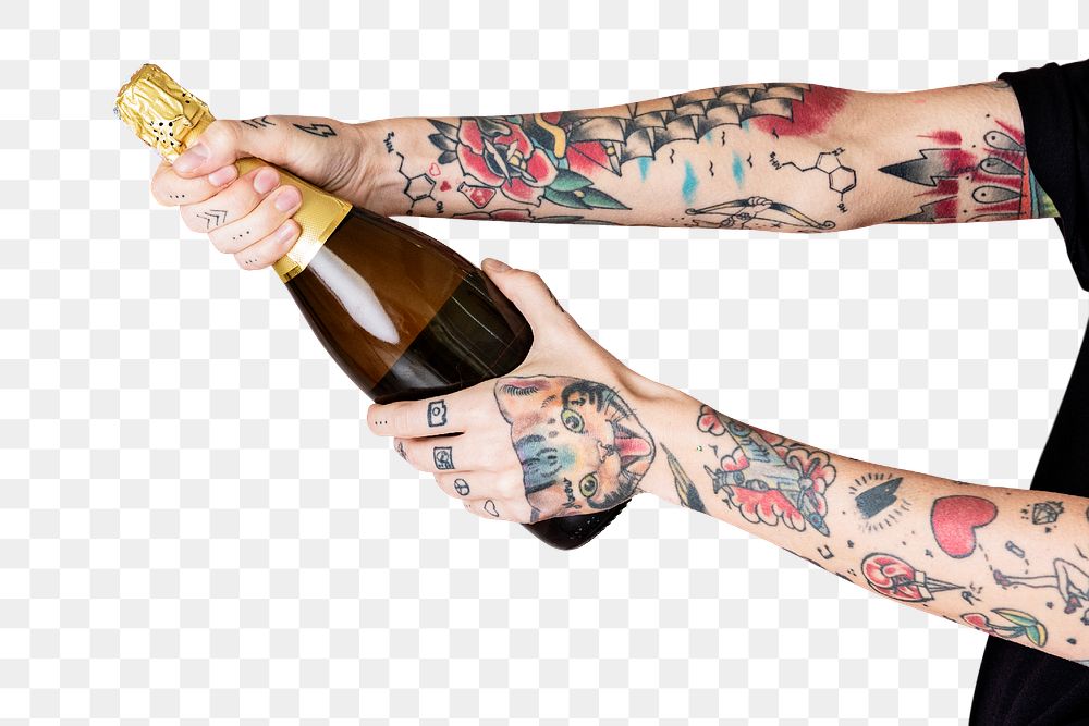 Tattooed hand holding a bottle of champagne