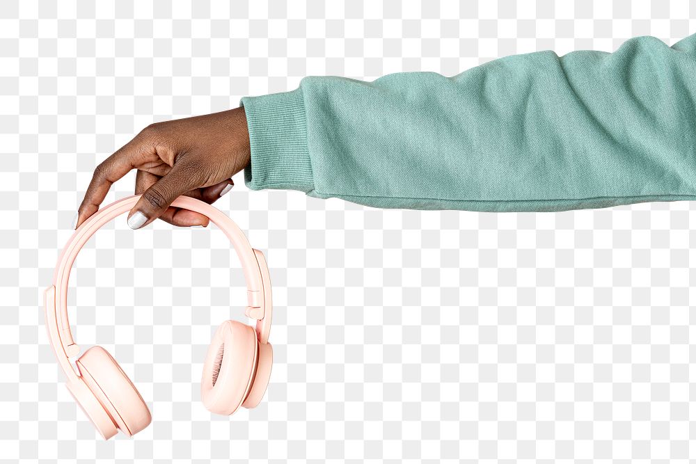 Hand holding a pink headphones transparent png