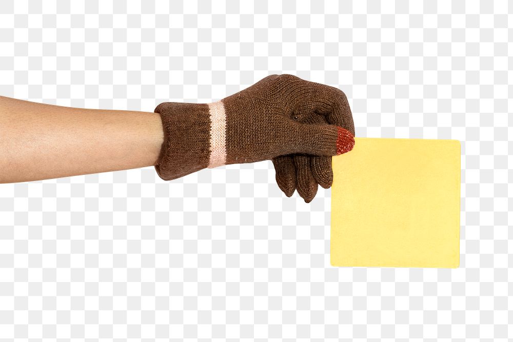 Hand wearing glove holding a paper mockup transparent png