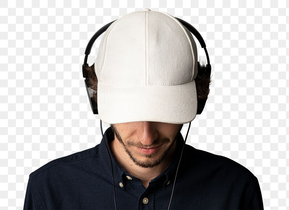 Man with a white cap and headphones transparent png