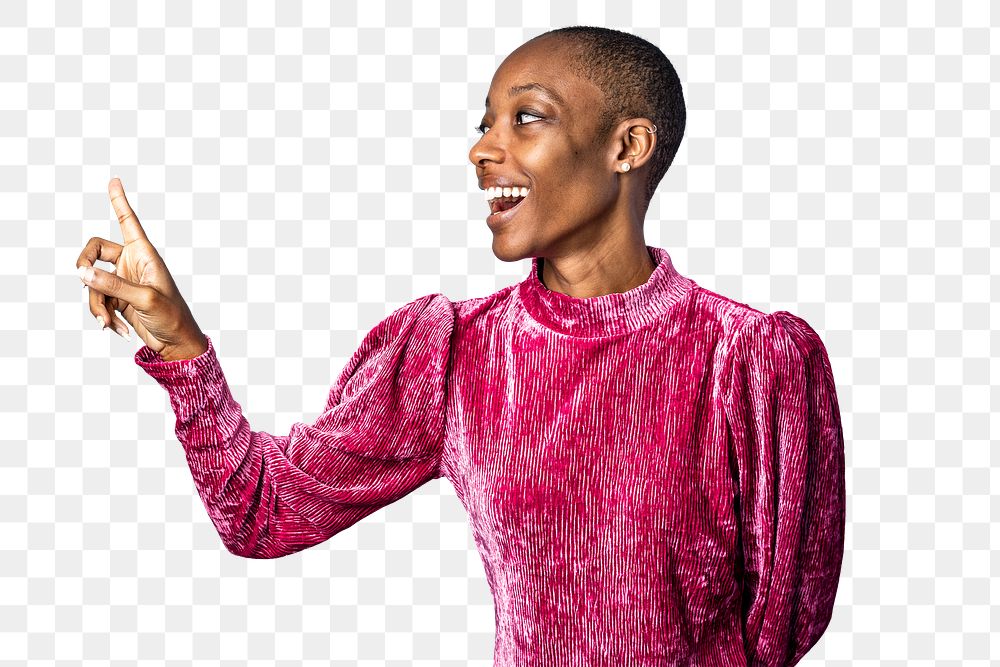 Black woman in a pink dress pointing forward transparent png