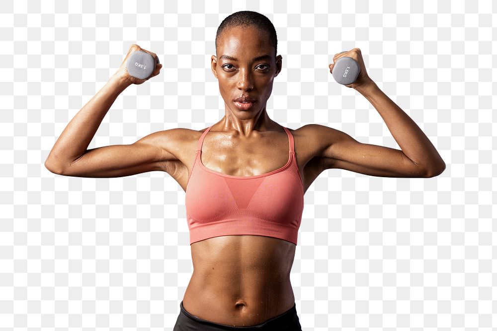 Active black woman lifting dumbbells transparent png