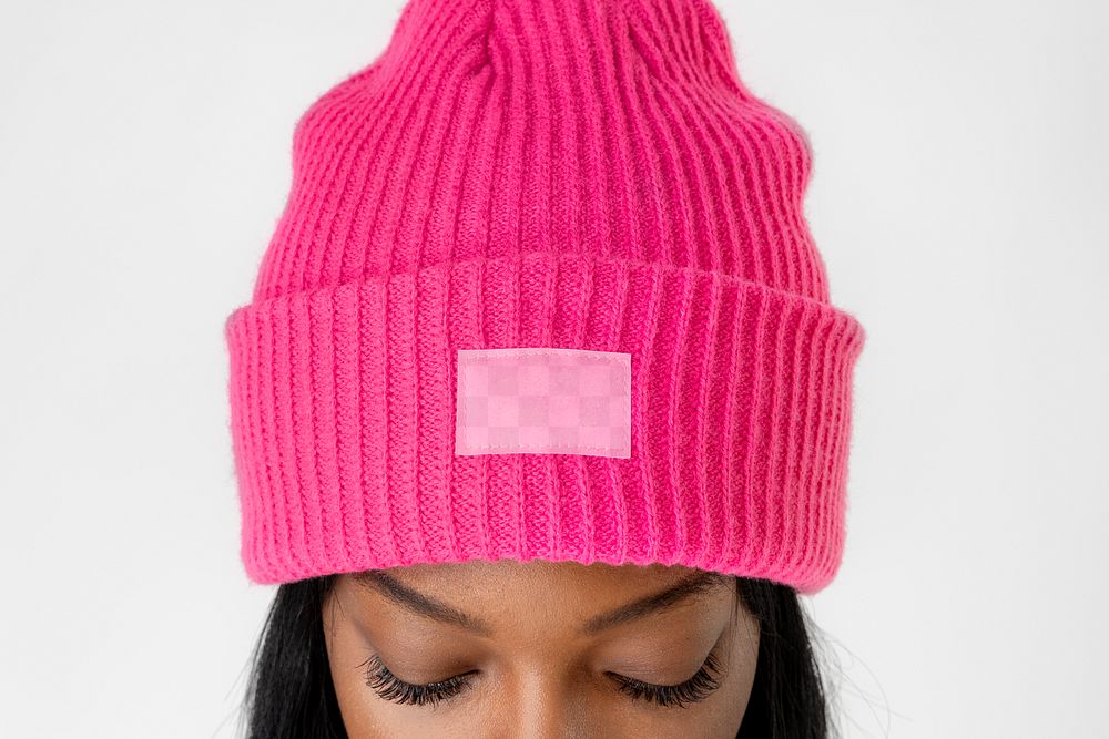 Black woman wearing a hot pink beanie mockup transparent png