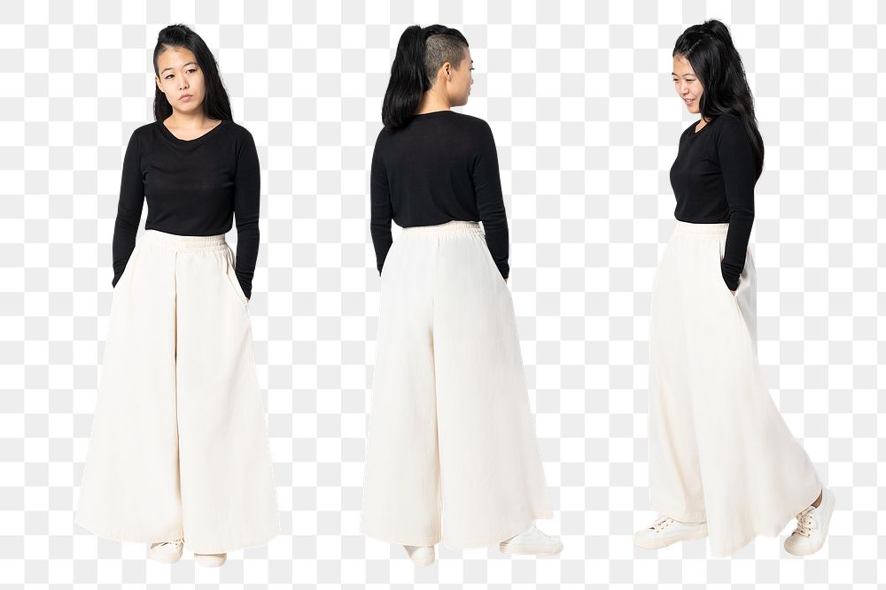 Asian woman png mockup in black palazzo pants casual fashion full body set