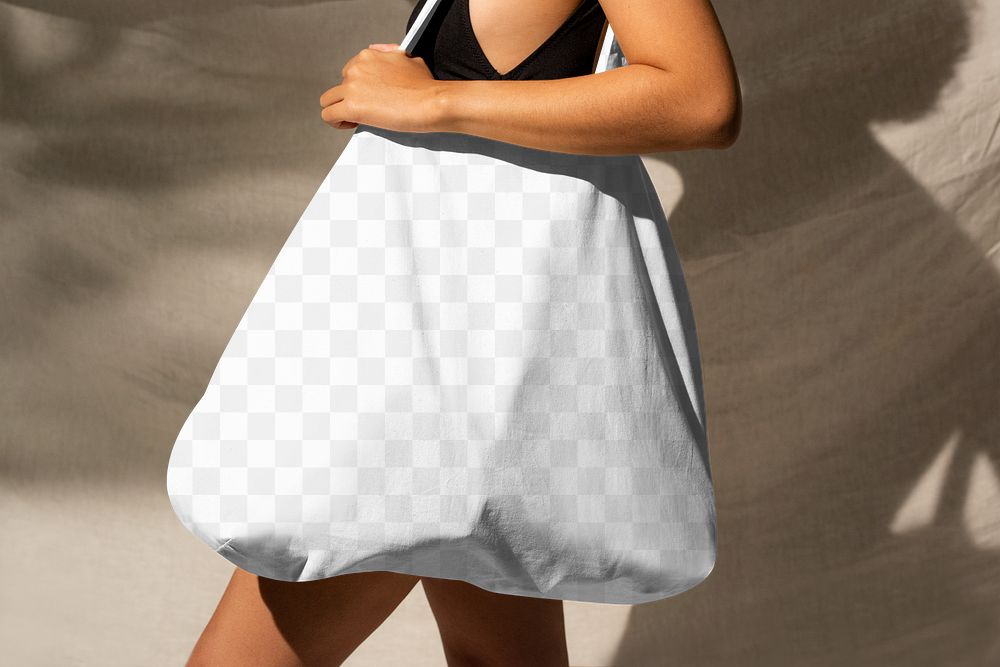 Png woman mockup carrying reusable white shopping bag