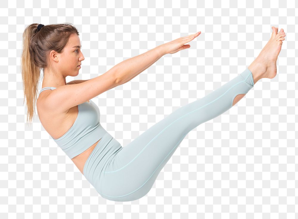 Woman png mockup doing toe touch workout routine on transparent background