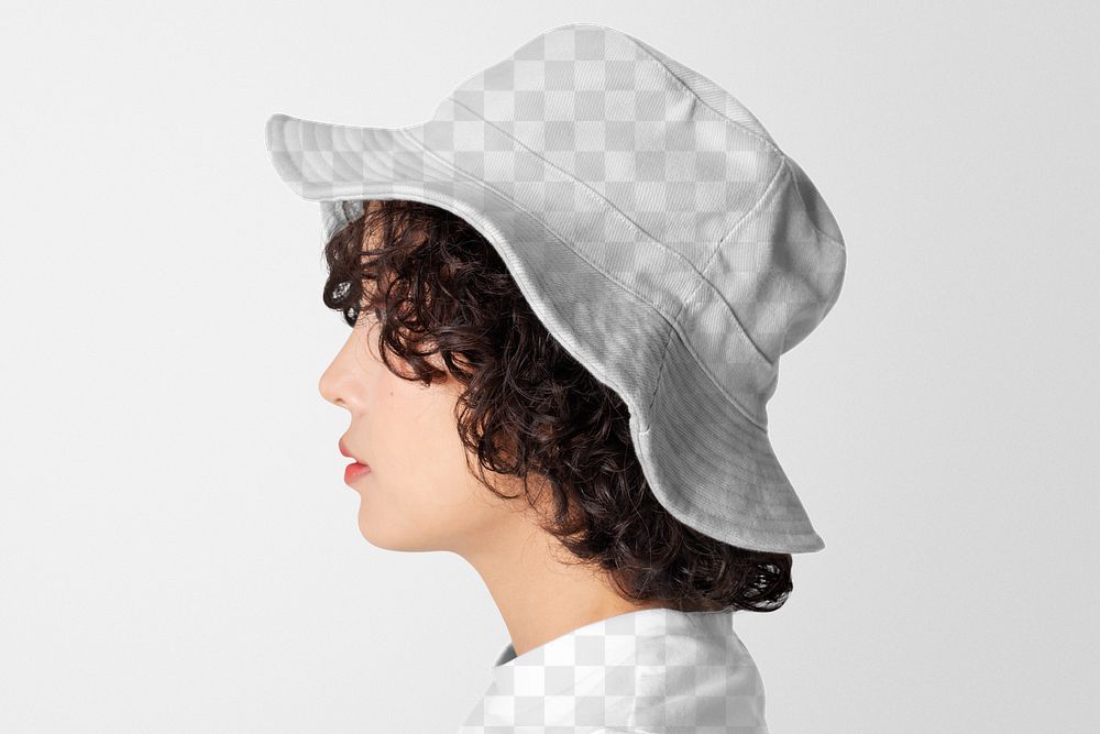 Png bucket hat and t-shirt mockup on woman with short curly hair