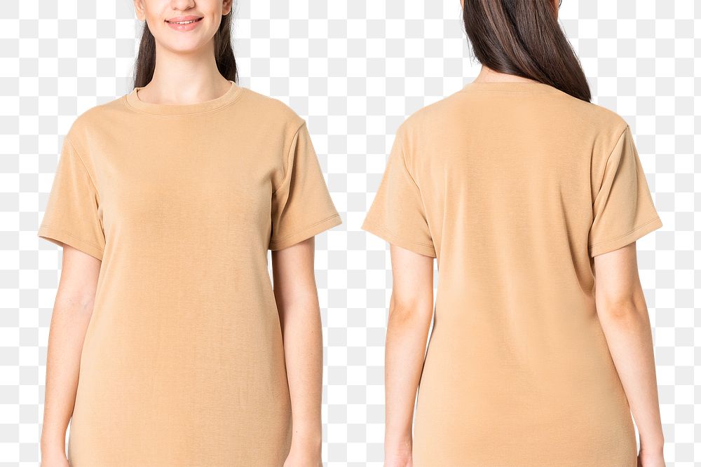 Woman png mockup in beige t-shirt dress casual wear apparel