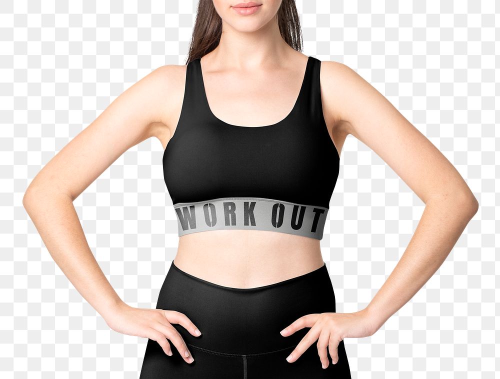 Woman png mockup in black sports bra and leggings activewear fashion