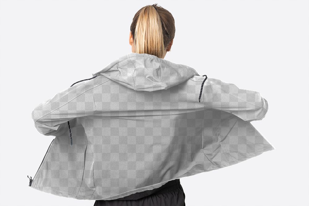 Png women&rsquo;s windbreaker jacket mockup rear view sportswear fashion shoot