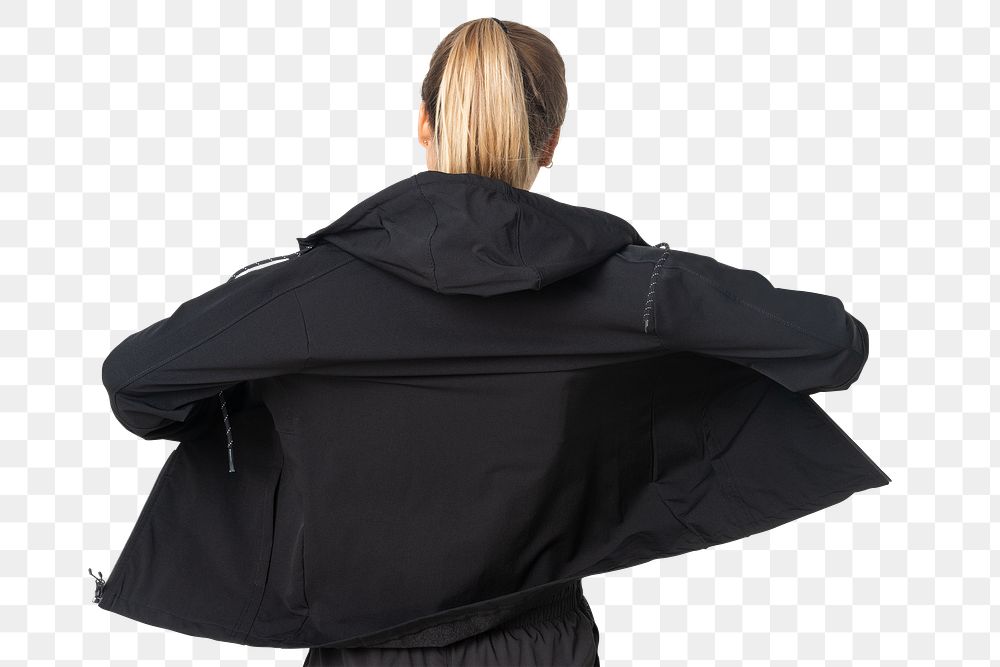 Png women&rsquo;s windbreaker jacket mockup black rear view sportswear fashion shoot