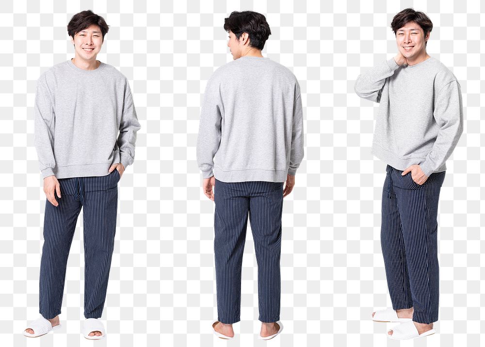 Man png mockup in gray long sleeve pajamas sleepwear apparel full body