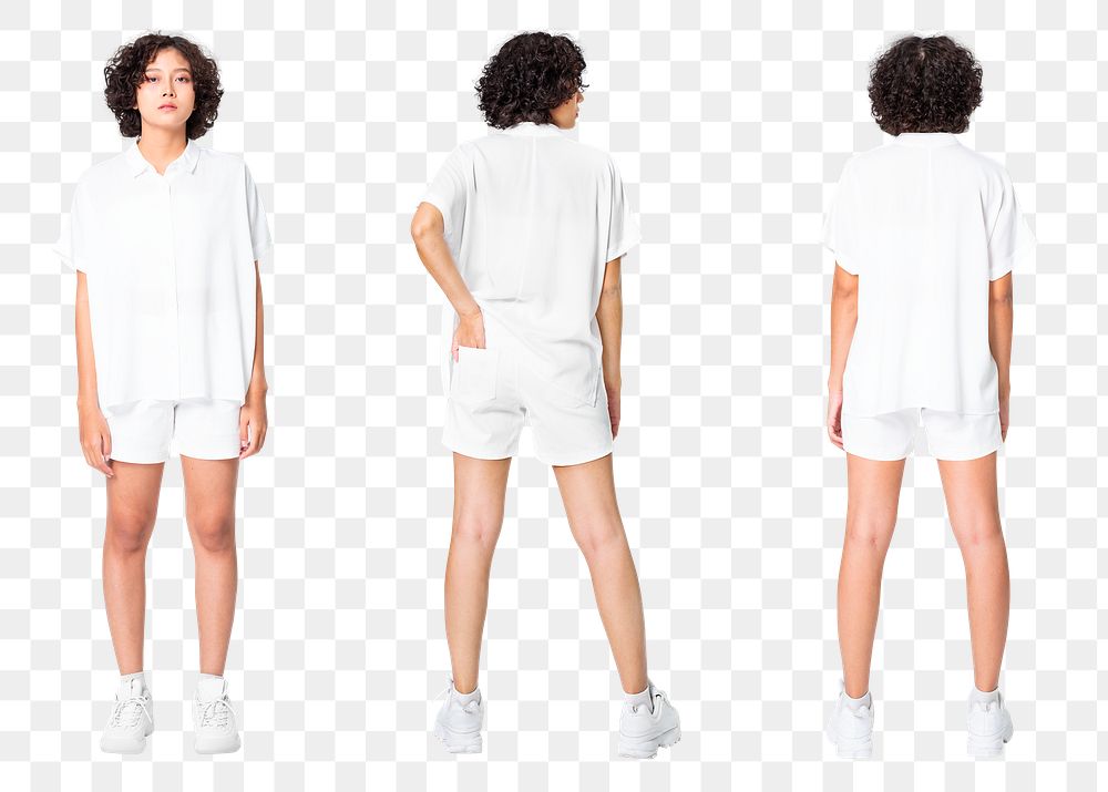 Woman png mockup in white shorts basic wear full body set