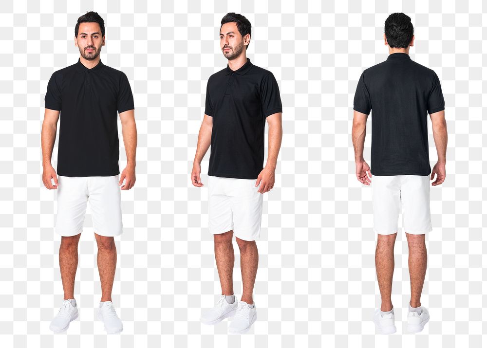 Man png mockup in black polo casual business wear full body set