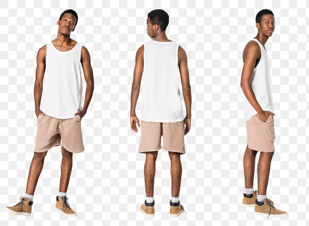 Man png mockup in white tank top summer apparel full body set