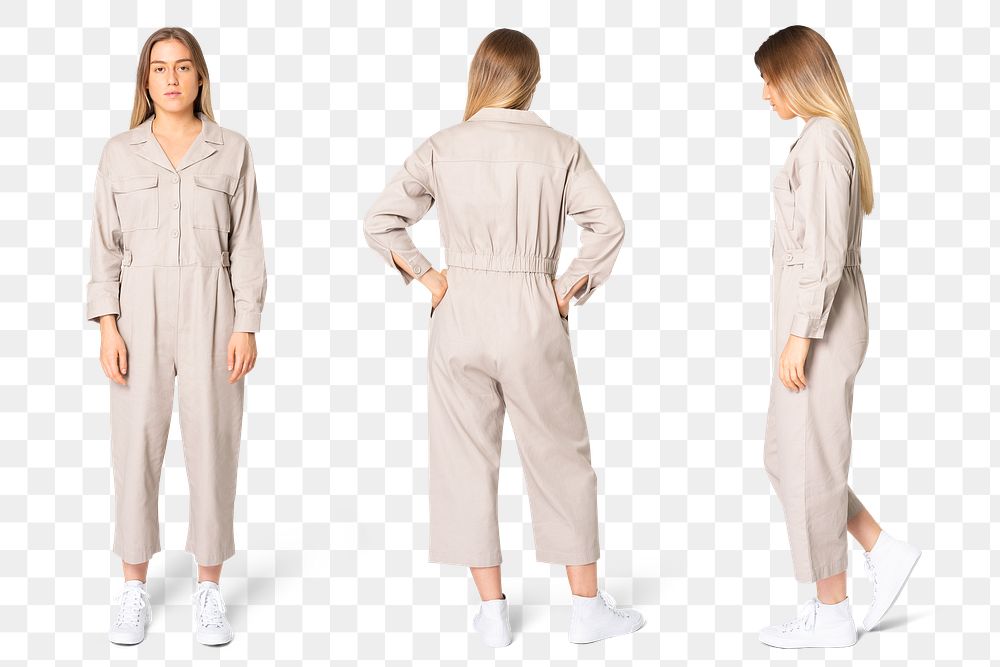 Woman png mockup in beige jumpsuit street fashion full body and rear view set