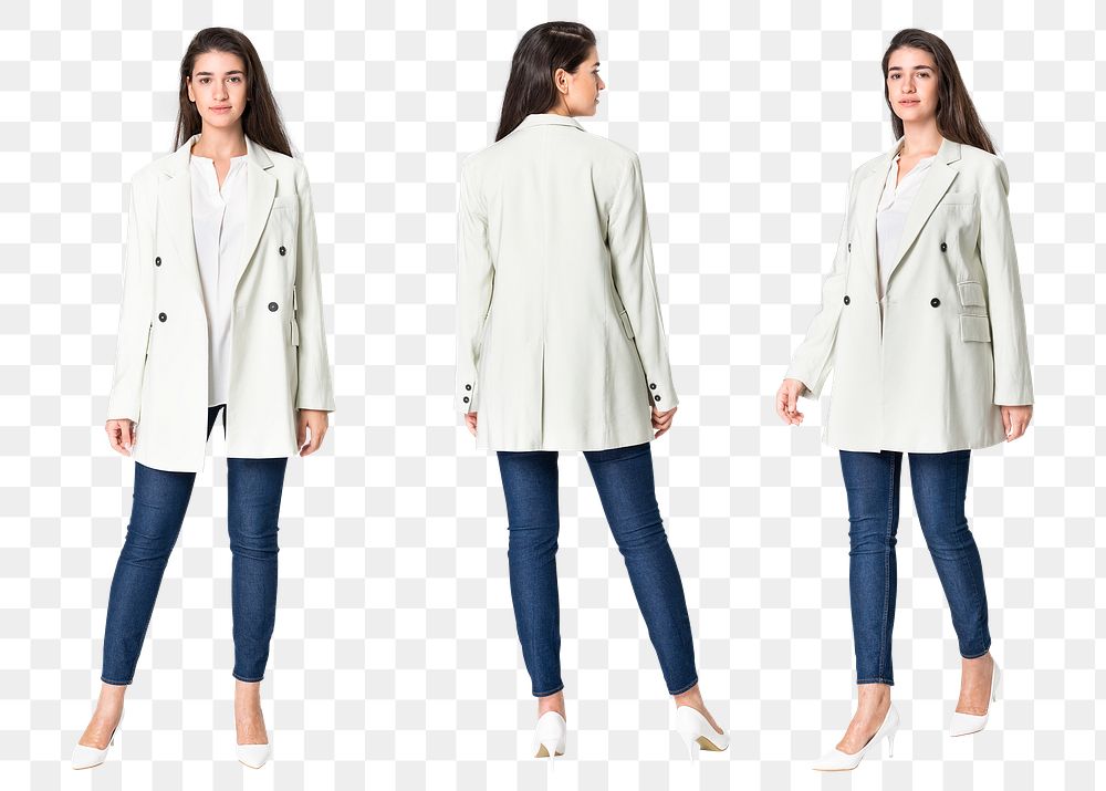 Woman png mockup in white coat and jeans casual wear apparel set