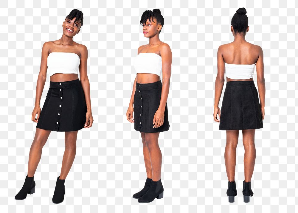 Woman png mockup in black bandeau top and skirt streetwear apparel set