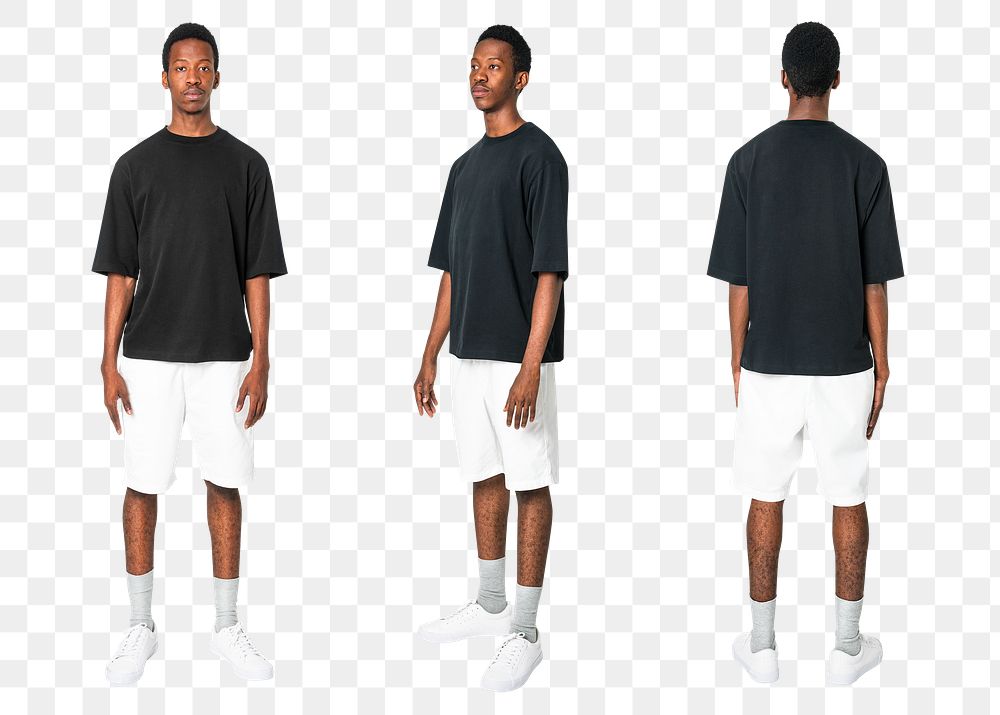 Man png mockup in black t-shirt basic wear full body set