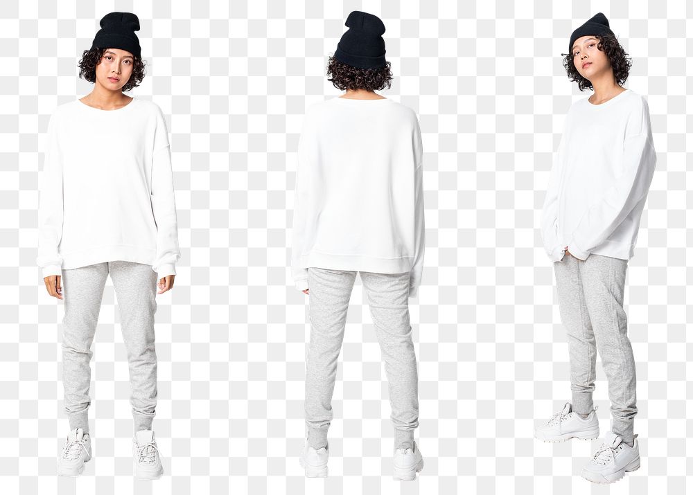 Woman png mockup in white sweater and sweatpants casual wear apparel set