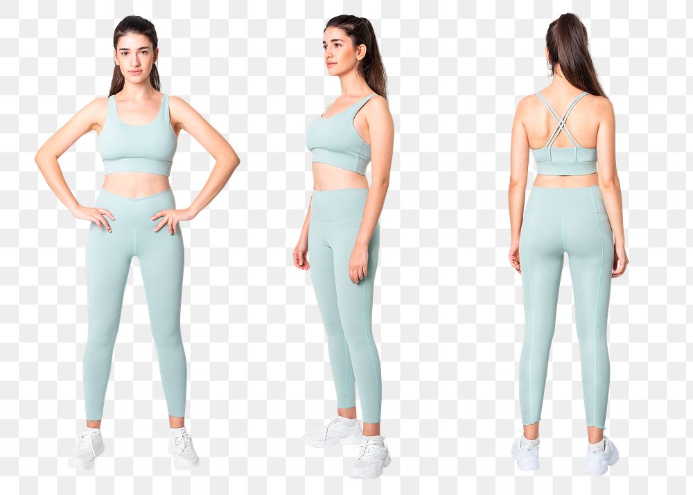 Woman png mockup in green sports bra and yoga pants