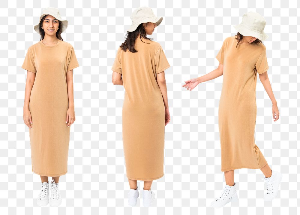 Woman png mockup in t-shirt dress with bucket hat casual wear full body set